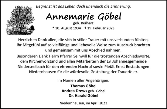 Traueranzeige von Annemarie Göbel von Idsteiner Land/Untertaunus