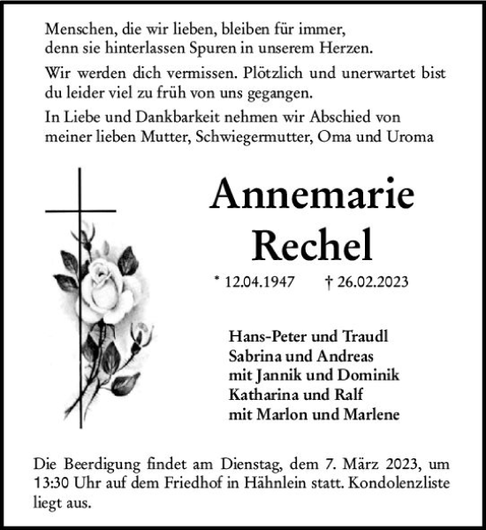 Traueranzeige von Annemarie Rechel von Darmstädter Echo