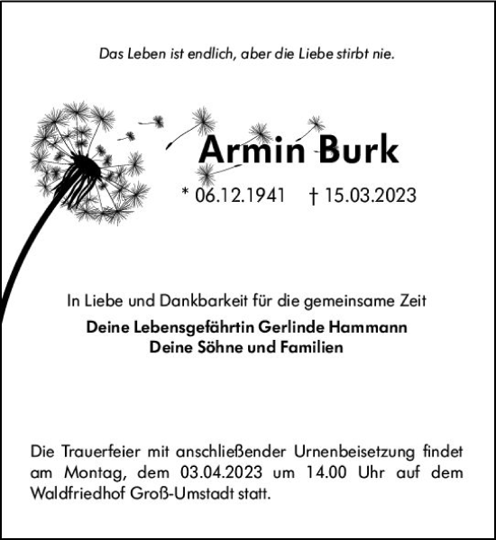 Traueranzeige von Armin Burk von Darmstädter Echo