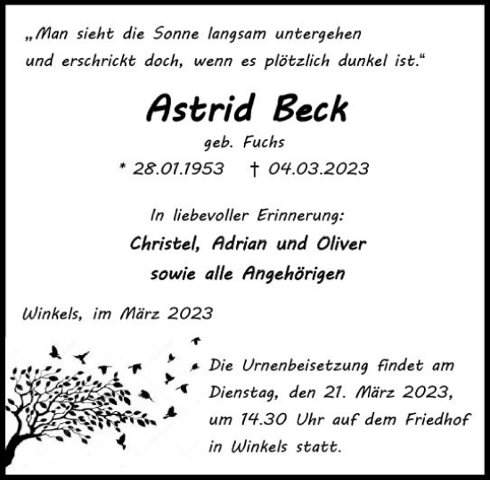 Traueranzeige von Astrid Beck von Wetzlarer Neue Zeitung