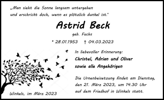 Traueranzeige von Astrid Beck von Weilburger Tageblatt