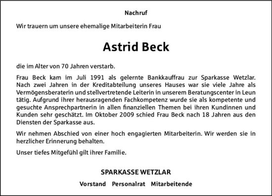 Traueranzeige von Astrid Beck von Wetzlarer Neue Zeitung