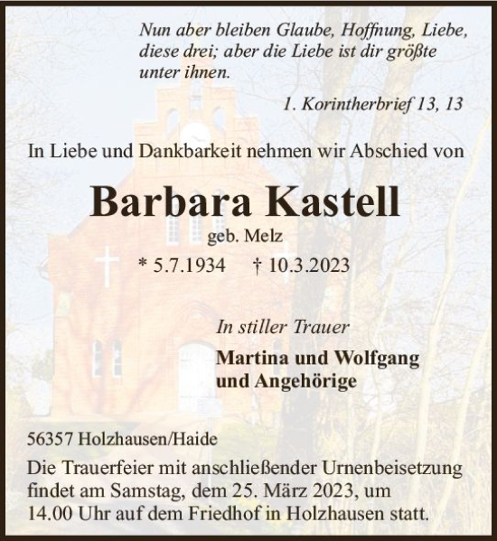Traueranzeige von Barbara Kastell von Wiesbadener Kurier