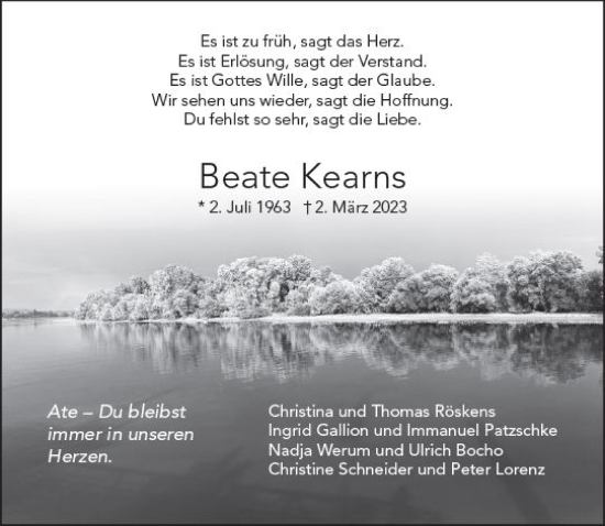 Traueranzeige von Beate Kearns von Wiesbadener Kurier