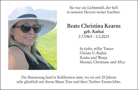 Traueranzeige von Beate Christina Kearns von Wiesbadener Kurier