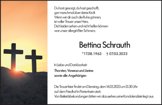 Traueranzeige von Bettina Schrauth von Allgemeine Zeitung Alzey