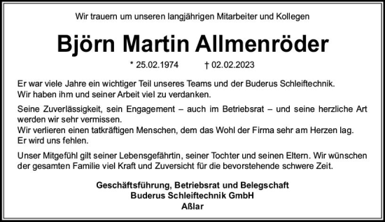 Traueranzeige von Björn Martin Allmenröder von Weilburger Tageblatt