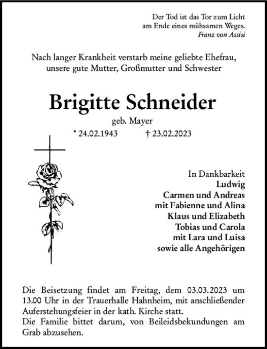 Traueranzeige von Brigitte Schneider von Allgemeine Zeitung Mainz