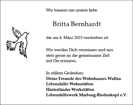 Traueranzeige von Britta Bernhardt von Hinterländer Anzeiger