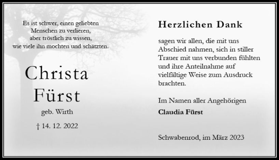 Traueranzeige von Christa Fürst von Oberhessen Kurier