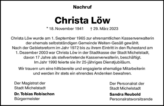 Traueranzeige von Christa Löw von Odenwälder Echo