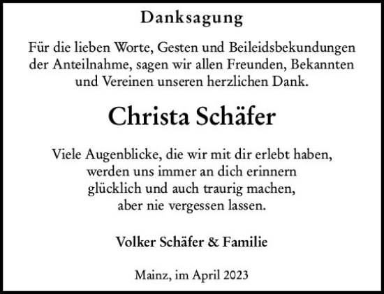 Traueranzeige von Christa Schäfer von Allgemeine Zeitung Mainz