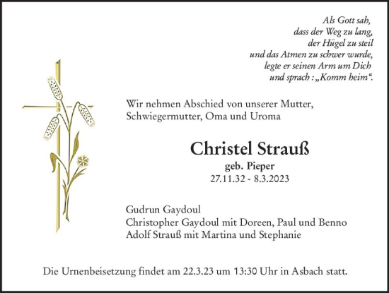 Traueranzeige von Christel Strauß von Darmstädter Echo