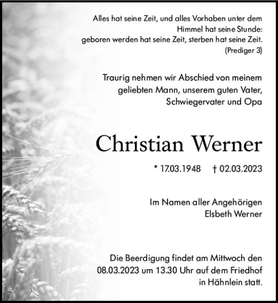 Traueranzeige von Christian Werner von Darmstädter Echo