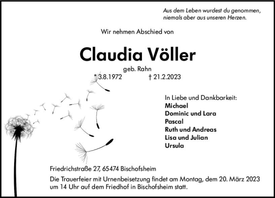 Traueranzeige von Claudia Völler von Rüsselsheimer Echo