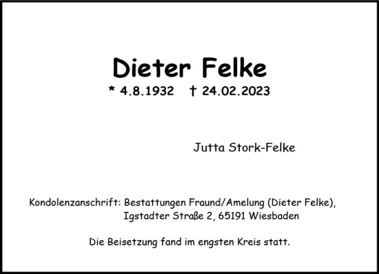 Traueranzeige von Dieter Felke von Wiesbadener Kurier