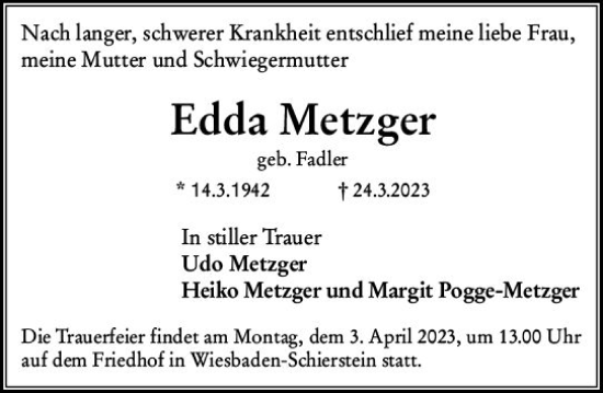 Traueranzeige von Edda Metzger von Wiesbadener Kurier