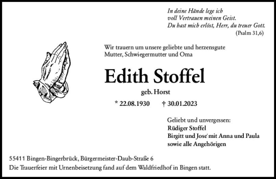 Traueranzeige von Edith Stoffel von Allgemeine Zeitung Bingen/Ingelheim