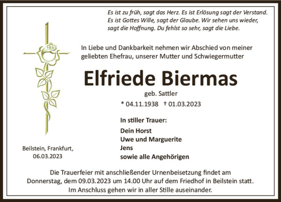 Traueranzeige von Elfriede Biermas von Dill Block