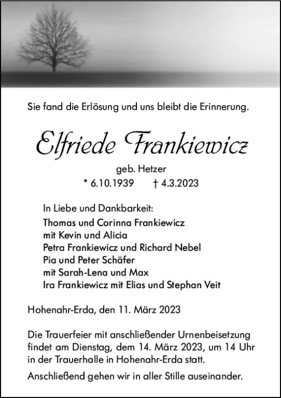 Traueranzeige von Elfriede Frankiewicz von Wetzlarer Neue Zeitung