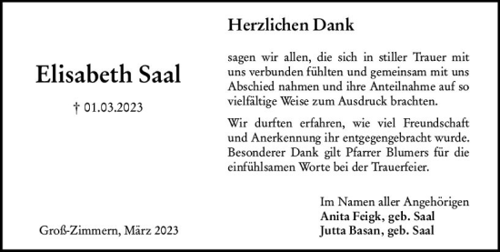 Traueranzeige von Elisabeth Saal von Dieburger Anzeiger/Groß-Zimmerner Lokal-Anzeiger