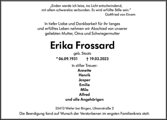 Traueranzeige von Erika Frossard von Wormser Zeitung