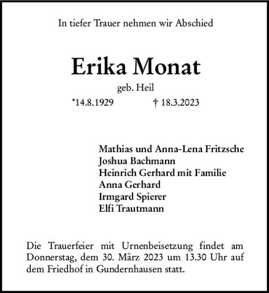 Traueranzeige von Erika Monat von Darmstädter Echo
