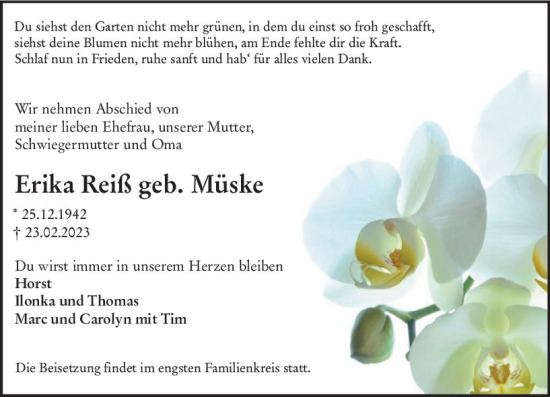 Traueranzeige von Erika Reiß von Allgemeine Zeitung Alzey