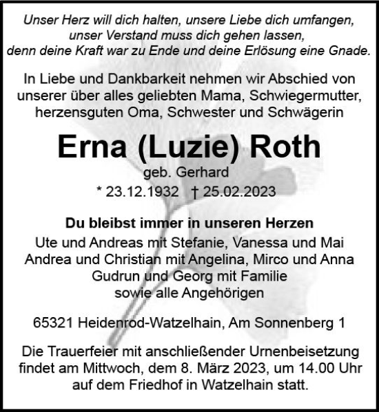 Traueranzeige von Erna Luzie Roth von Wiesbadener Kurier