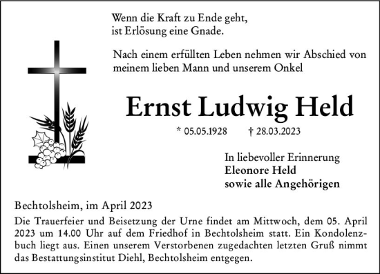 Traueranzeige von Ernst Ludwig Held von Allgemeine Zeitung Alzey