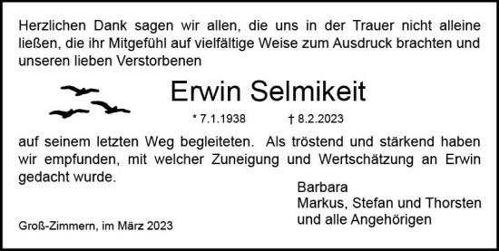 Traueranzeige von Erwin Selmikeit von Dieburger Anzeiger/Groß-Zimmerner Lokal-Anzeiger