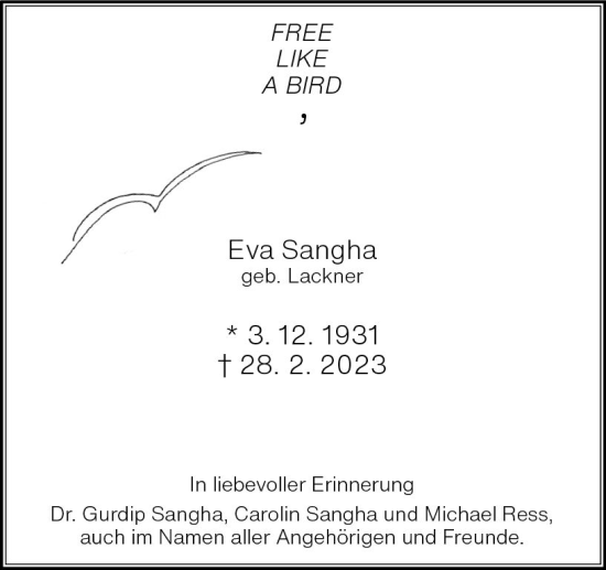Traueranzeige von Eva Sangha von Wiesbadener Kurier