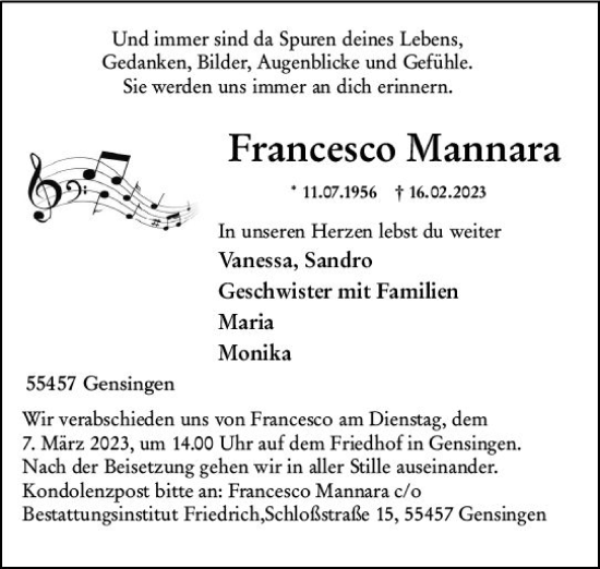 Traueranzeige von Francesco Mannara von Bingen/Ingelheim WOBL inkl. Neue Binger Ztg.