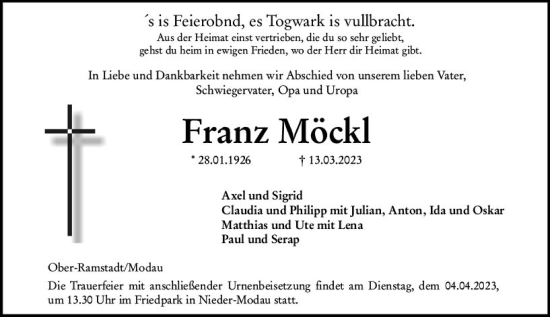 Traueranzeige von Franz Möckl von Darmstädter Echo