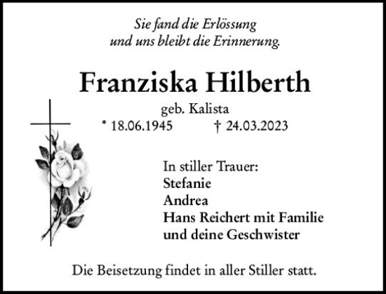 Traueranzeige von Franziska Hilberth von Odenwälder Echo
