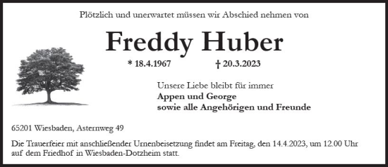 Traueranzeige von Freddy Huber von Wiesbadener Kurier
