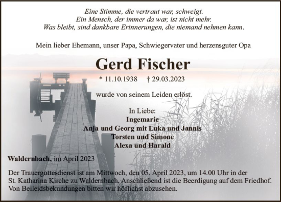 Traueranzeige von Gerd Fischer von Weilburger Tageblatt
