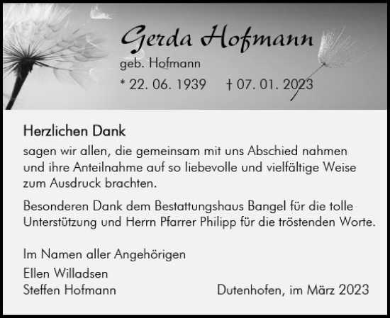 Traueranzeige von Gerda Hofmann von Wetzlarer Neue Zeitung