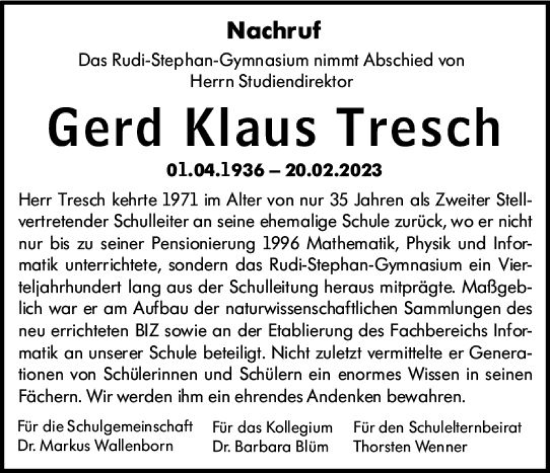 Traueranzeige von Gerd Klaus Tresch von Wormser Zeitung
