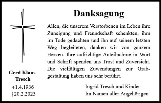 Traueranzeige von Gerd Klaus Tresch von Wormser Zeitung