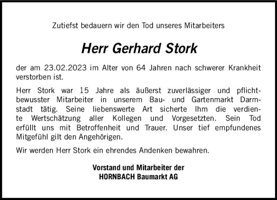 Traueranzeige von Gerhard Stork von Darmstädter Echo