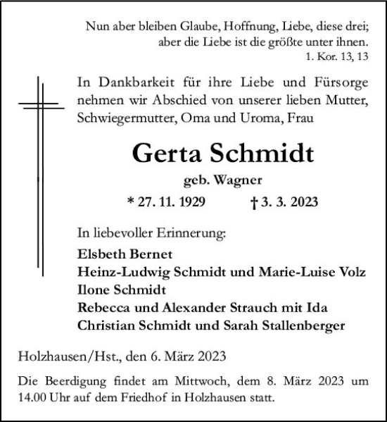 Traueranzeige von Gerta Schmidt von Hinterländer Anzeiger