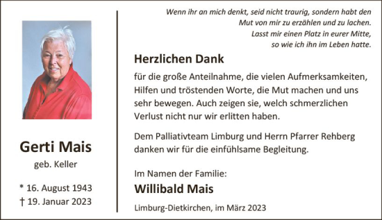 Traueranzeige von Gerti Mais von Nassauische Neue Presse