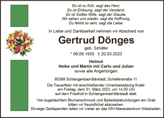 Traueranzeige von Gertrud Dönges von Wiesbadener Kurier