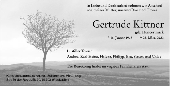 Traueranzeige von Gertrude Kittner von Wiesbadener Kurier