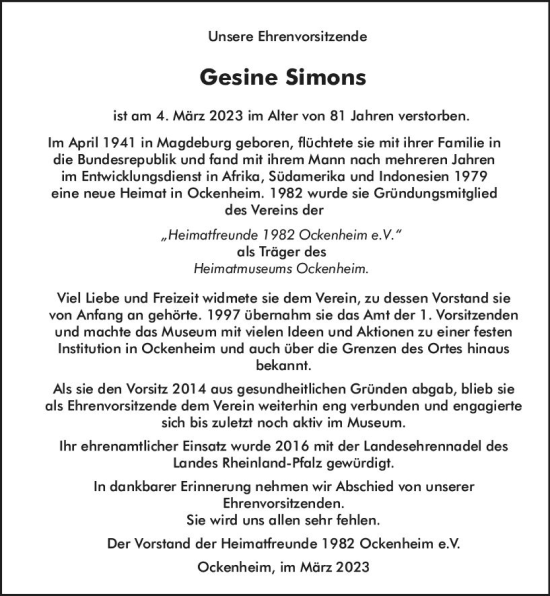 Traueranzeige von Gesine Simons von Allgemeine Zeitung Bingen/Ingelheim