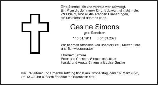 Traueranzeige von Gesine Simons von Allgemeine Zeitung Bingen/Ingelheim