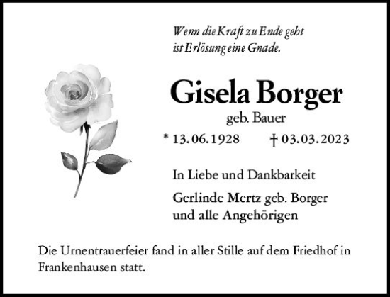 Traueranzeige von Gisela Borger von Darmstädter Echo