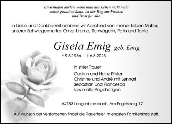 Traueranzeige von Gisela Emig von Odenwälder Echo