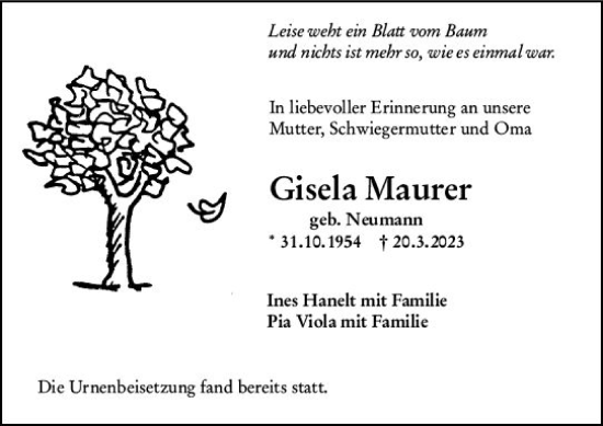 Traueranzeige von Gisela Maurer von Hochheimer Zeitung